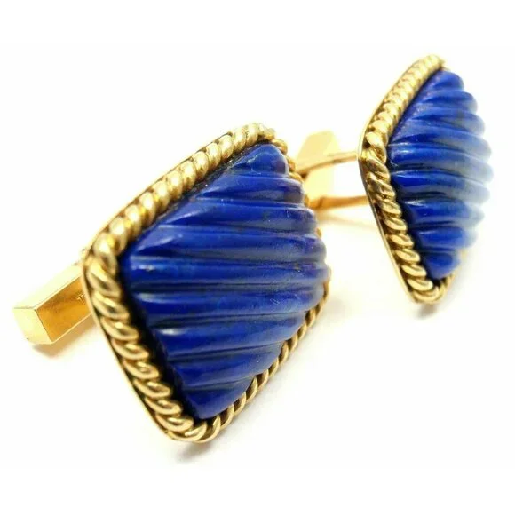 Tiffany & Co. 18k Yellow Gold Large Lapis Lazuli Rope Bordered Gold Cufflinks​ - Picture 6 of 6